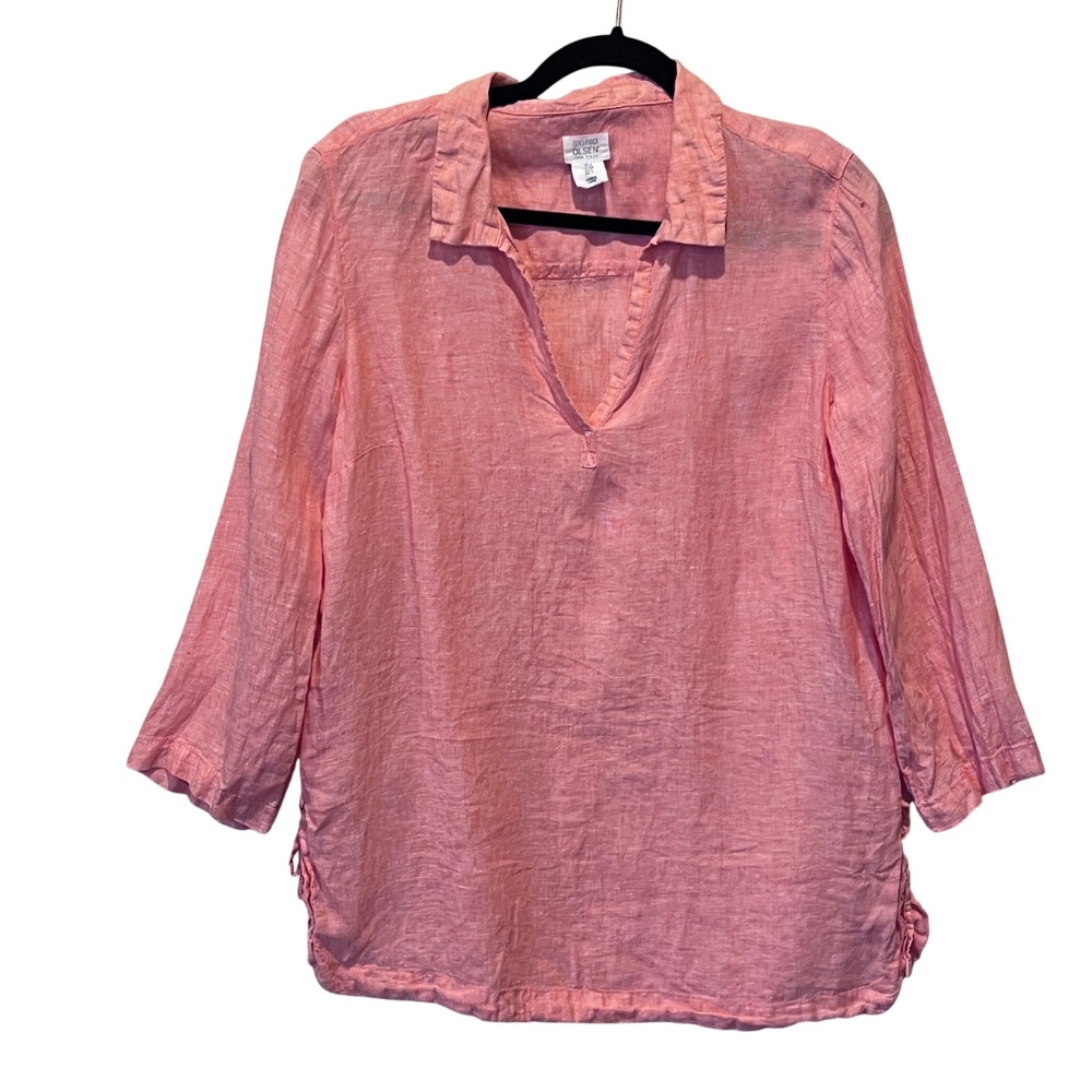 Sigrid Olsen‎ Coral Linen Tunic Top Shirt Small 3/4 Sleeve Split V Neck